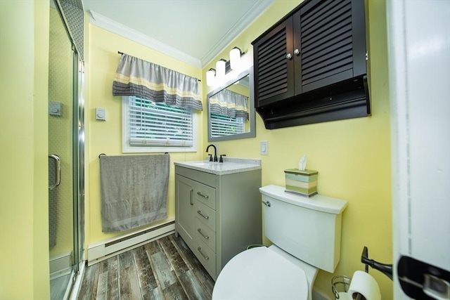 1286 Locust St, Fall River, MA 02723 - full bathroom with a baseboard radiator, ornamental molding, wood finished floors, vanity, and toilet