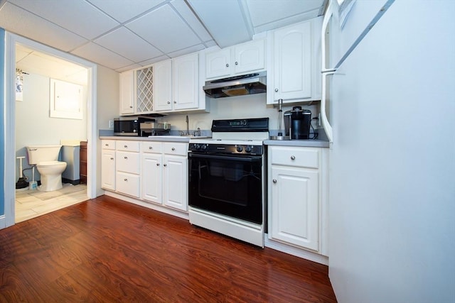 1286 Locust St, Fall River, MA 02723 - kitchen with electric range, under cabinet range hood, freestanding refrigerator, stainless steel microwave, and white cabinetry