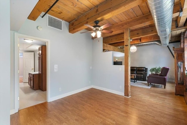 unfurnished living room featuring wood finished floors, beamed ceiling, baseboards, a ceiling fan, and wooden ceiling
