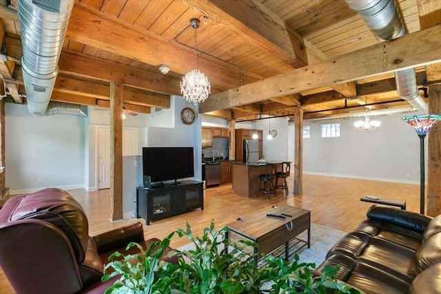 living room with a chandelier, wooden ceiling, light wood-style floors, baseboards, and beamed ceiling
