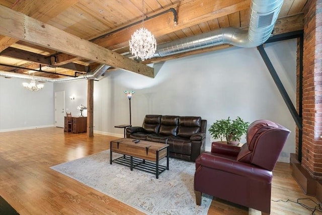 living area featuring a chandelier, wood finished floors, baseboards, beamed ceiling, and wood ceiling