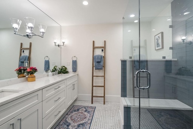 654 E 7th Unit 3, Boston, MA 02127 - full bath featuring double vanity, recessed lighting, a shower stall, a chandelier, and baseboards