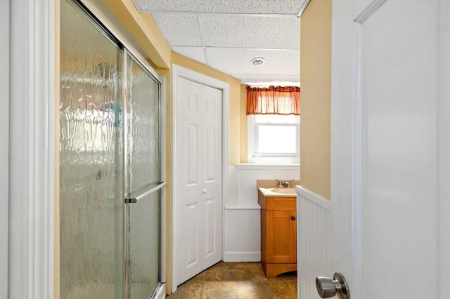 4 Jester Way, Plymouth, MA 02360 - full bathroom featuring wainscoting, a shower stall, vanity, and a paneled ceiling