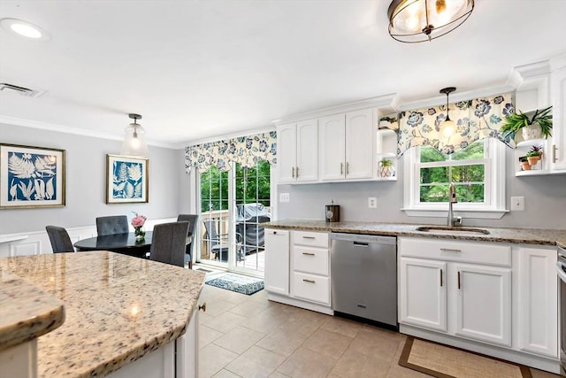 4 Jester Way, Plymouth, MA 02360 - kitchen with dishwasher, ornamental molding, white cabinets, hanging light fixtures, and light tile patterned flooring
