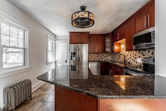 kitchen with radiator, glass insert cabinets, tasteful backsplash, a sink, and stainless steel appliances