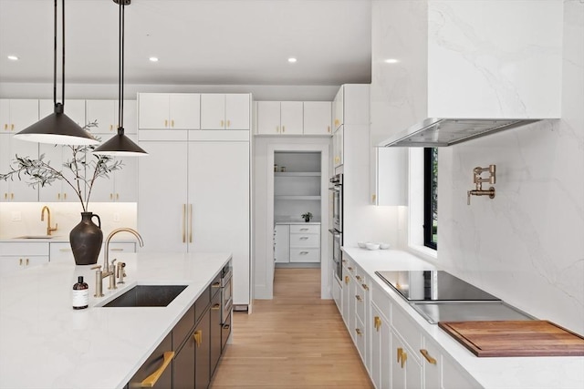 48 Sherburne Rd, Lexington, MA 02421 - kitchen featuring exhaust hood, a sink, black electric cooktop, light wood-style flooring, and recessed lighting