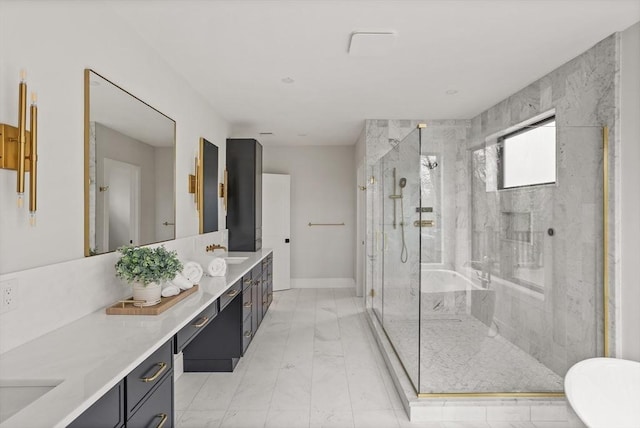 48 Sherburne Rd, Lexington, MA 02421 - bathroom with double vanity, marble finish floors, a marble finish shower, and a freestanding tub