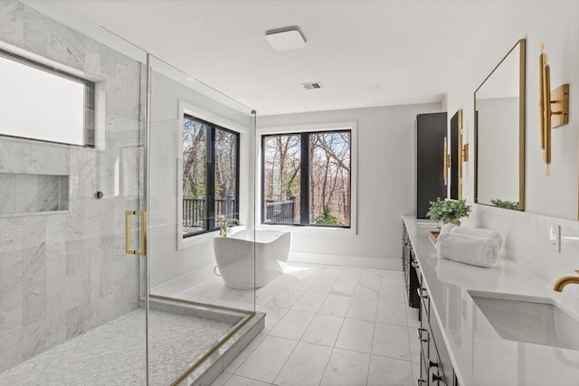 48 Sherburne Rd, Lexington, MA 02421 - bathroom featuring a stall shower, a freestanding bath, double vanity, and plenty of natural light
