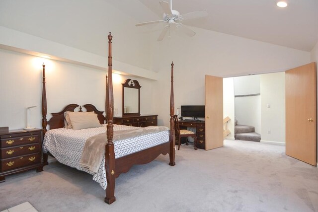 bedroom featuring carpet floors, recessed lighting, high vaulted ceiling, and ceiling fan