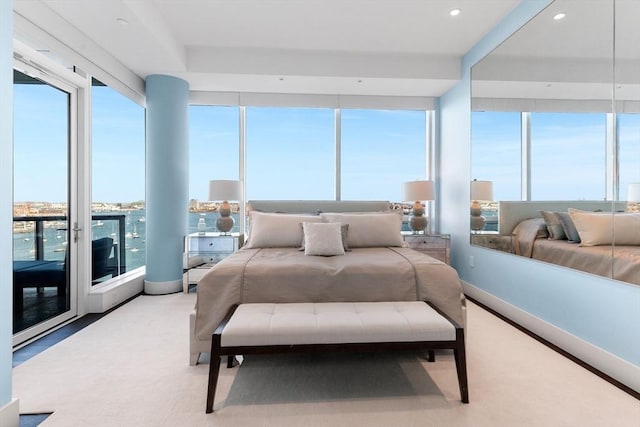 bedroom with access to outside, baseboards, carpet flooring, and recessed lighting