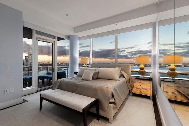 carpeted bedroom featuring multiple windows and access to exterior