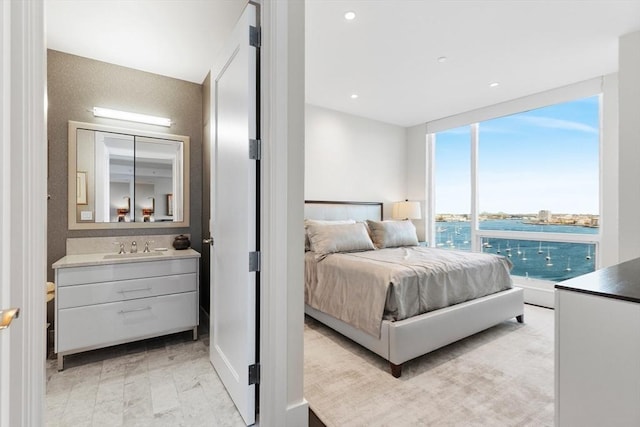 bedroom featuring expansive windows and a sink
