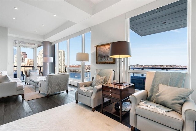 living room with hardwood / wood-style floors, healthy amount of natural light, a city view, and recessed lighting
