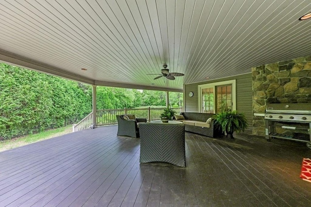 311 River Rd, South Hadley, MA 01075 - wooden deck featuring an outdoor hangout area, a ceiling fan, and a grill