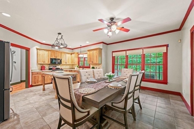 311 River Rd, South Hadley, MA 01075 - dining space featuring ceiling fan, ornamental molding, baseboards, light tile patterned floors, and recessed lighting