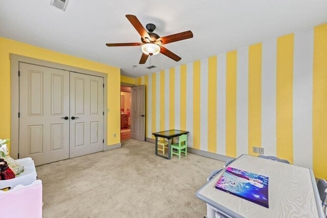 311 River Rd, South Hadley, MA 01075 - game room with wallpapered walls, carpet flooring, ceiling fan, and baseboards