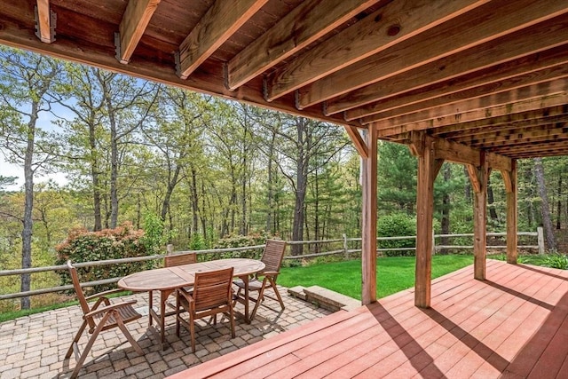 40 Canoe Lndg, Plymouth, MA 02360 - wooden terrace featuring outdoor dining area, a lawn, and a forest view
