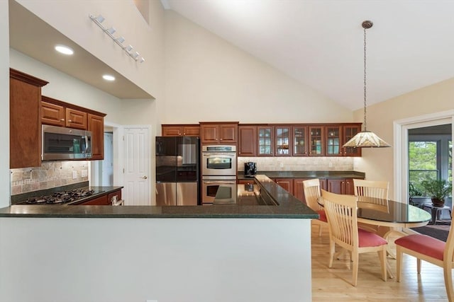 40 Canoe Lndg, Plymouth, MA 02360 - kitchen with appliances with stainless steel finishes, tasteful backsplash, a peninsula, dark countertops, and high vaulted ceiling