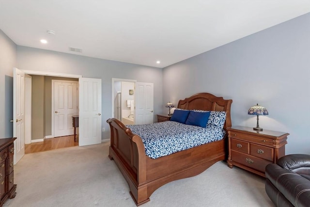 40 Canoe Lndg, Plymouth, MA 02360 - bedroom with light colored carpet, ensuite bathroom, recessed lighting, and baseboards