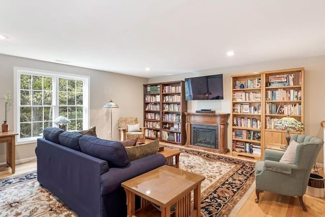 40 Canoe Lndg, Plymouth, MA 02360 - living room featuring a fireplace with raised hearth, light wood-style flooring, and recessed lighting