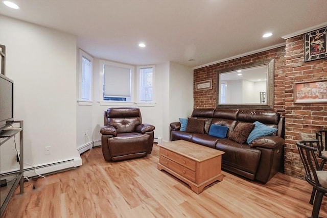 33 Inman St Unit 1B, Cambridge, MA 02139 - living area featuring light wood-type flooring, brick wall, a baseboard radiator, recessed lighting, and baseboard heating