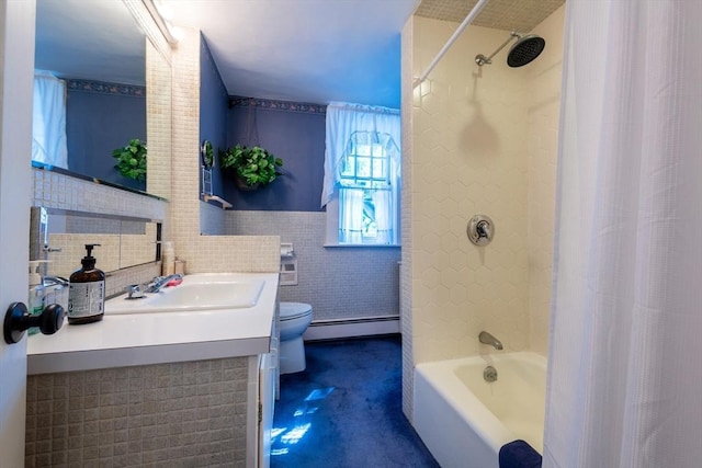 192 W Main St, Westborough, MA 01581 - bathroom with vanity, baseboard heating, tile walls, toilet, and shower / tub combo with curtain