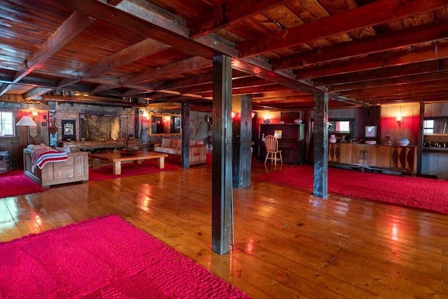 192 W Main St, Westborough, MA 01581 - basement with hardwood / wood-style flooring, wood walls, and wooden ceiling