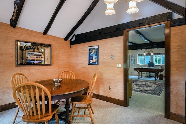 192 W Main St, Westborough, MA 01581 - carpeted dining space with baseboards, a notable chandelier, baseboard heating, and vaulted ceiling with beams