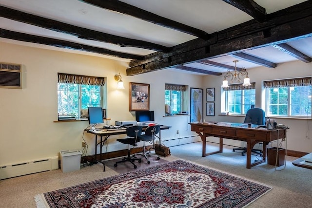 192 W Main St, Westborough, MA 01581 - home office featuring beam ceiling, carpet, baseboards, and baseboard heating