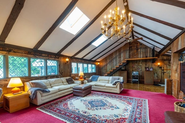 192 W Main St, Westborough, MA 01581 - living area featuring stairway, high vaulted ceiling, a skylight, wood walls, and beamed ceiling