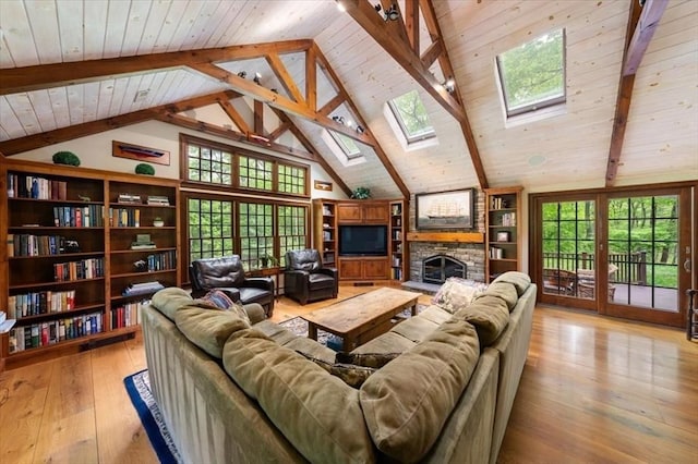 94 Middleton Rd, Boxford, MA 01921 - living area featuring beamed ceiling, a skylight, light wood-style flooring, wood ceiling, and a stone fireplace