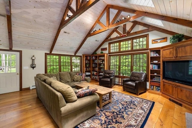94 Middleton Rd, Boxford, MA 01921 - living room with beamed ceiling, light wood-style flooring, a baseboard radiator, wooden ceiling, and high vaulted ceiling
