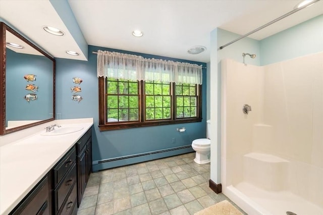 94 Middleton Rd, Boxford, MA 01921 - full bath featuring baseboard heating, toilet, a shower, vanity, and recessed lighting