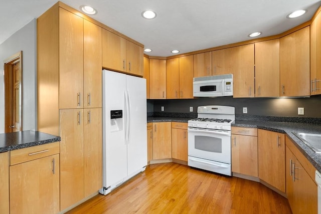 4 Hadwen Rd, Worcester, MA 01602 - kitchen with white appliances, dark countertops, light wood-type flooring, and recessed lighting