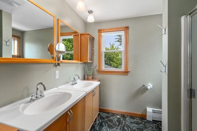 4 Hadwen Rd, Worcester, MA 01602 - full bath featuring a baseboard heating unit, marble look tiles, healthy amount of natural light, and double vanity