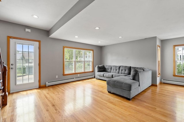 4 Hadwen Rd, Worcester, MA 01602 - living room featuring baseboard heating, light wood finished floors, recessed lighting, and baseboards