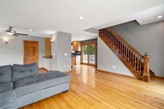 4 Hadwen Rd, Worcester, MA 01602 - living room featuring light wood finished floors, baseboards, recessed lighting, stairway, and a ceiling fan