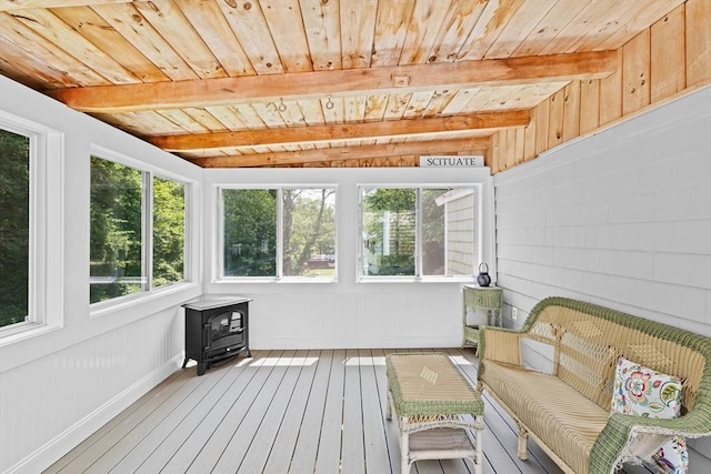 32 Gannett Pasture Ln, Scituate, MA 02066 - sunroom featuring a wood stove, a wood ceiling with exposed beams, hardwood / wood-style flooring, plenty of natural light, and an outdoor hangout area