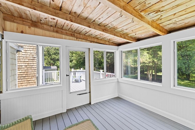 32 Gannett Pasture Ln, Scituate, MA 02066 - unfurnished sunroom featuring hardwood / wood-style flooring, a wooden ceiling with exposed beams, and wood walls