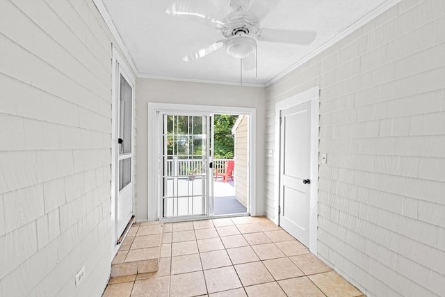 32 Gannett Pasture Ln, Scituate, MA 02066 - doorway to outside featuring ornamental molding, a ceiling fan, light tile patterned flooring, and tile walls