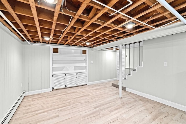 32 Gannett Pasture Ln, Scituate, MA 02066 - finished basement with a baseboard radiator, stairway, and light wood-type flooring