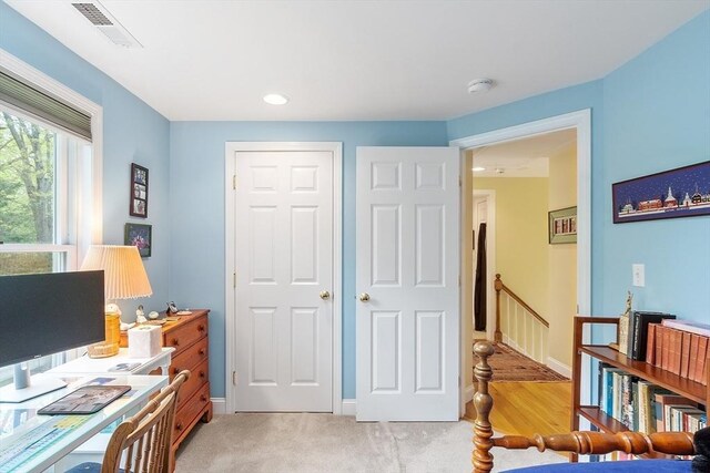 home office featuring recessed lighting, baseboards, and light colored carpet