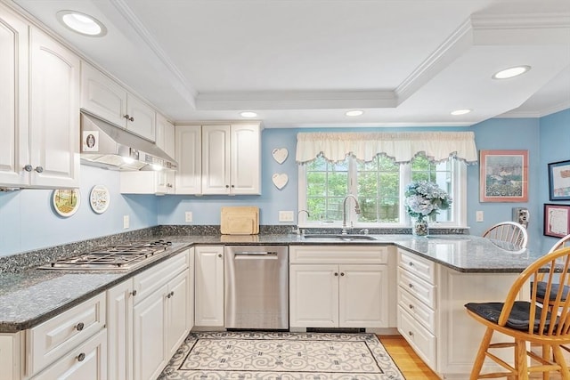 kitchen featuring appliances with stainless steel finishes, a sink, under cabinet range hood, a peninsula, and a breakfast bar area