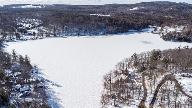 snowy aerial view featuring a water and mountain view