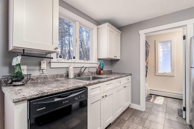 kitchen featuring a baseboard radiator, white cabinetry, light tile patterned floors, sink, and black dishwasher