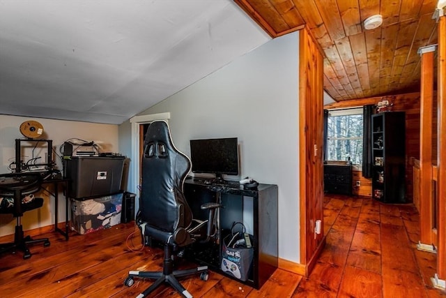 office space with wood ceiling, lofted ceiling, and wood-type flooring