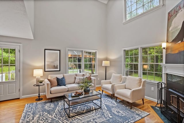 21 Mcdonough Dr, Marlborough, MA 01752 - living room featuring a towering ceiling, baseboards, wood finished floors, and a wood stove