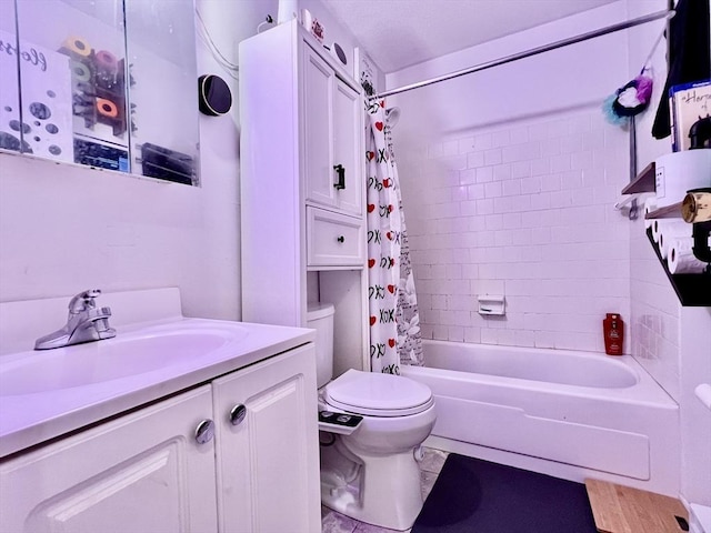 full bath with vanity, shower / tub combo with curtain, and toilet