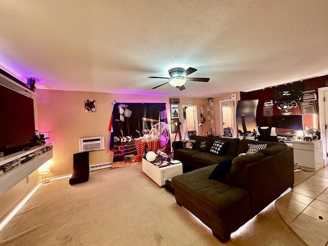 living area with a ceiling fan, a textured ceiling, a wall mounted air conditioner, and a baseboard radiator
