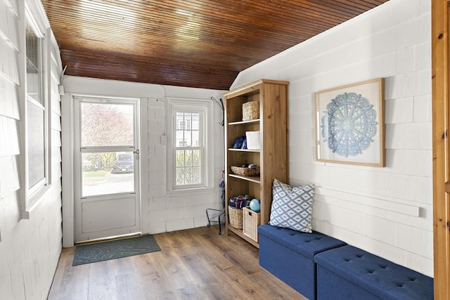 mudroom featuring wooden ceiling, vaulted ceiling, and wood finished floors